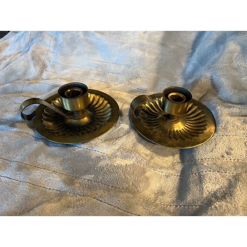 Vintage HOMCO Brass Candle Holders Pair Chamberstick Fluted Scroll Handle